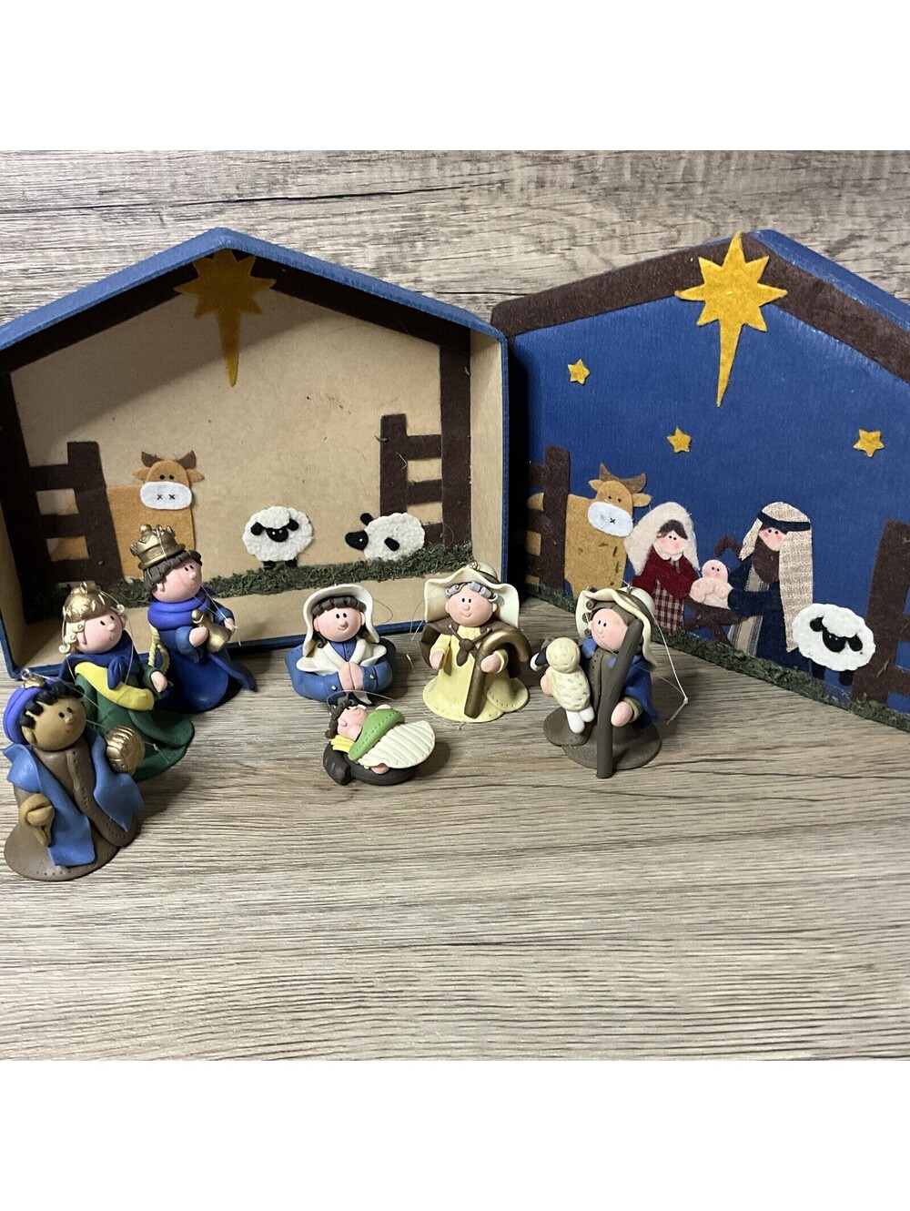 Christmas Children's Nativity Ornaments Set of 7 Clay Figures Display Box Creche